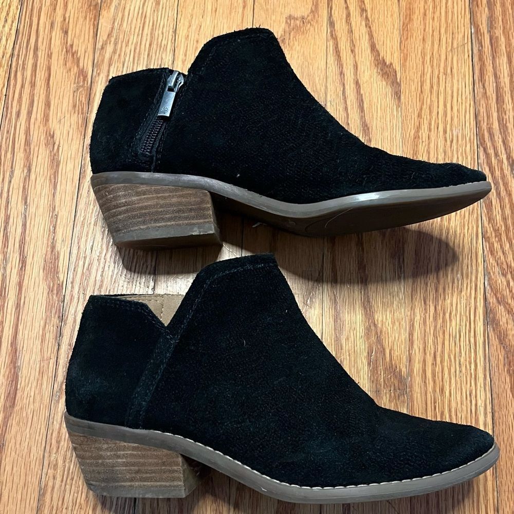 Lucky Brand Farel Women Black Suede Slip Block Heel Ankle Booties Sz 6.5 m.